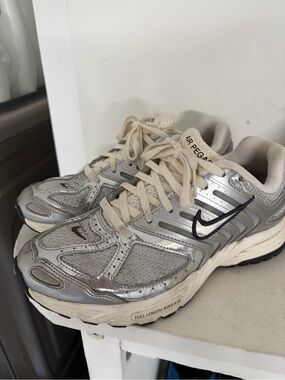 Nike Women's Silver and Cream Running Sneakers with Navy Swoosh